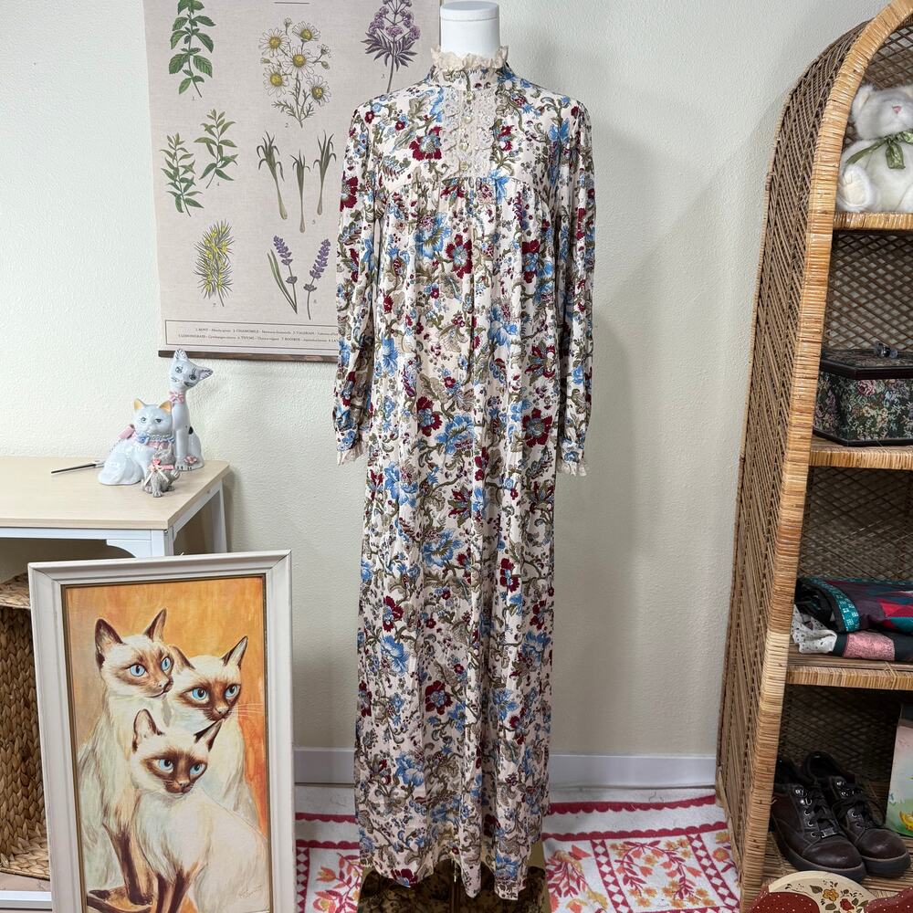 Vintage 60s 70s Floral Lace Maxi House Dress Peasant Cottage Prairie Grandma S